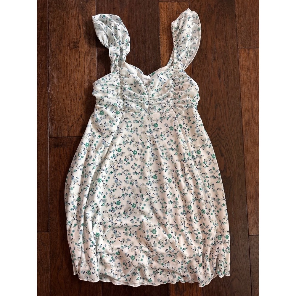 Kirious Los Angeles Floral Mesh Mini Dress White Blue Green Ruffle Sleeve Small
